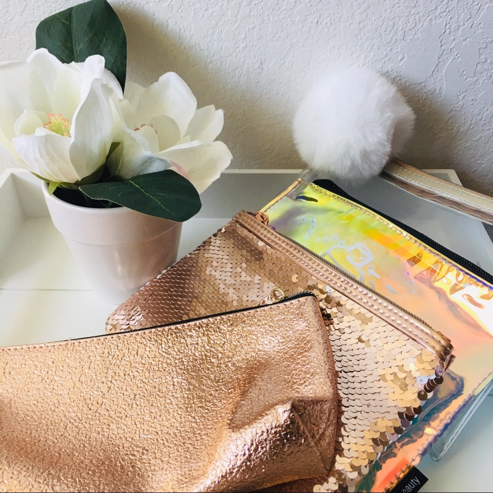 Bundle of 4 Metallic Cosmetic Pouches in Gold.
